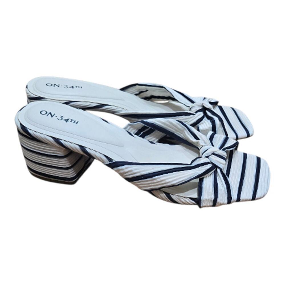ON 34TH Navy Stripe Knotted Block Heel Slide Sandals 10.5